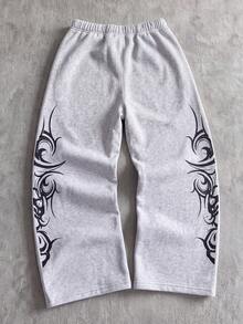 Lurzo Celana Panjang Lurus Longgar Gaya Streetwear Y2K untuk Anak Laki-Laki, Motif Totem Vintage + Desain Saku, Celana Panjang Lurus Gaya Jalanan yang Dipersonalisasi - Grey - View 4