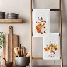 2PCS Kitchen Towel, Simple Autumn Pumpkin & Maple Leaf Pattern, 40*60cm Rectangular Microfiber Kitchen Towel, Dish Cloth, Tablecloth, Hand Towel, Kitchen Decor, Home Decor, Neighbor Housewarming Gift, Kitchen Napkin & Dish Cloth, Home Decor, Gift, Perfect For Kitchen & Bathroom Use - White - View 8