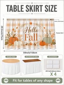 1PC Hello Fall Pumpkin Table Skirt, Cream Beige Farmhouse Polyester Ruffled Rectangular Table Cover With Autumn Wreath Maple Leaves Acorn & Orange Green Pumpkin Print, Seasonal Buffet Table Decor For Thanksgiving, Kitchen & Harvest Party - Multicolor - View 14