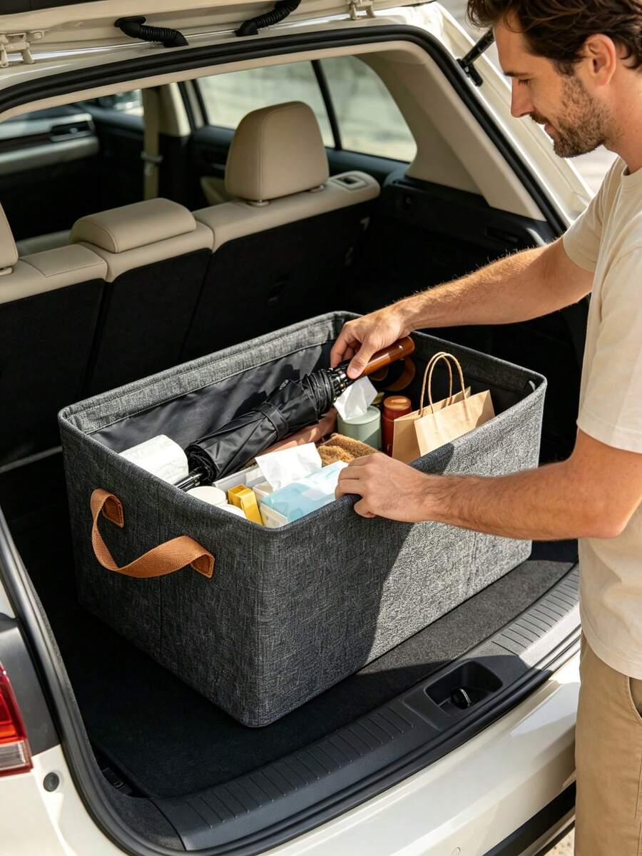 Car Trunk Organizer Storage Box, Foldable Fabric Storage Bin With Handle, Multi-Function Container, Suitable For Car Back Seat, Home Closet, Bedroom Organization - Multicolor - View 1