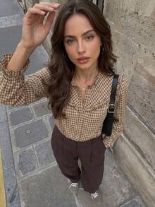 QIANZHIDU ELVA Women's Plaid Shirt, Suitable For Brunch, Office, School, Casual Outings Brown - Brown - View 5