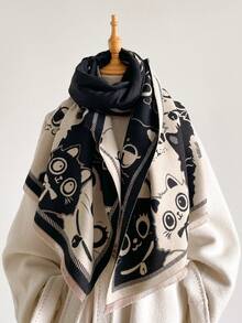 1pc Multi‑Cat Character Motif Stripe Border 65*185cm Rectangle Scarf, Thick Faux Cashmere Brushed Polyester Winter Shawl For Travel Party Daily Outing - Multicolor - View 5
