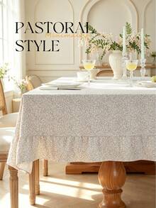 1pc Tablecloth With Scalloped Lace Trim, Polyester Fabric, Light Brown Floral Pattern, Rectangular/Square, Suitable For Dining Room And Living Room Tabletop Decor - Light Coffee - View 6