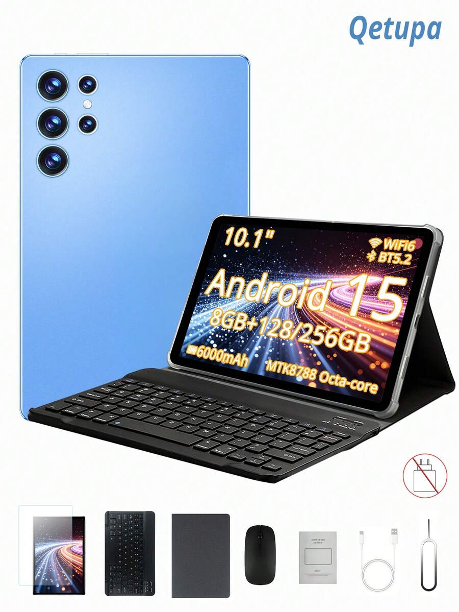 Qetupa 10.1 吋 Android 15 平板電腦，附保護殼、螢幕保護貼、鍵盤與滑鼠，8GB RAM + 128GB/256GB 儲存空間（支援 1TB 擴充），MTK8788 八核心處理器，5MP 前置鏡頭與 13MP 後置鏡頭，6000mAh 電池