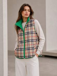 Women's Reversible Vest, 2-In-1 Sleeveless, One Side Plain, One Checkered. Loose Fit. - Green - View 2