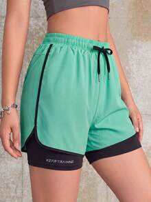 Knot & Curve 女款 2 合 1 內襯運動短褲，純色內襯 2 合 1 運動褲，彈性兩件式套裝，夏季適合跑步、運動、瑜伽、健身、健身訓練 - 薄荷綠 - 查看 4