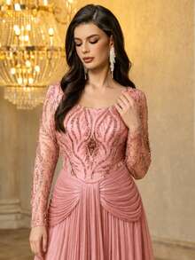 UNITHORSE [Random Cut]Sweetheart Neckline Long Sleeve Cinched Waist Sequin Patchwork Evening Gown Dress Party Wedding - Pink - View 2