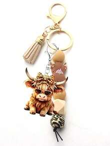 Highland Cow Acrylic Beaded Keychain With Tassel, Cute Short Keychain, Cartoon Punk Style, Animal Theme, Lobster Clasp, Decorative Backpack Accessory, Acrylic Pendant, Car Key Anti-Lost Chain, Ideal Gift For Friends And New Year Celebration, Highland Cow, Silicone Beads, Tassel, Backpack Accessory, Car Key, Anti-Lost Chain, Holiday Gift - Multicolor - View 15