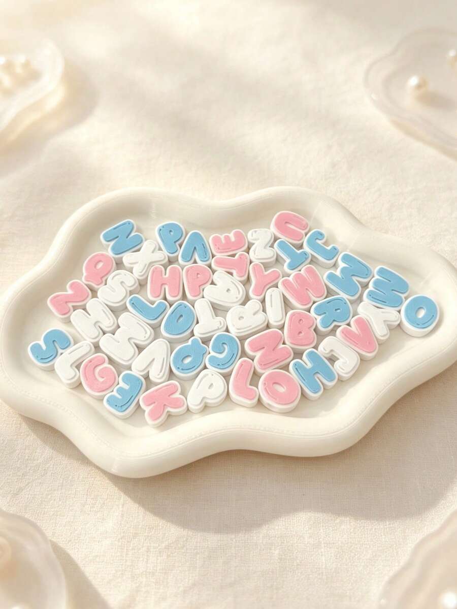 1/2 Set Dual-Color 3D Letter Perforated Beads, Macaron Pink Blue White Color Scheme Handmade Beading Material, Customizable Pet Name Collar And Handmade Bracelet Decorative Accessories, 3D Printed - Multicolor - View 1