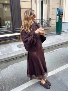 FOR BEAUTY Fall Winter Women Sweaters Y2K Chic Dark Brown Fuzzy Mohair Knit Tops Crewneck Loose Pullover Drop Shoulder Office Brunch Outfits - Red Coffee - View 8