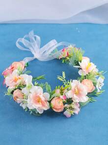 KOVLYNE 1 Peça Tiara Romântica com Guirlanda Floral Rosa e Fita de Organza, Acessório de Cabelo Estilo Boêmio para Casamento e Festival - Rosa chiclete - Visão 4