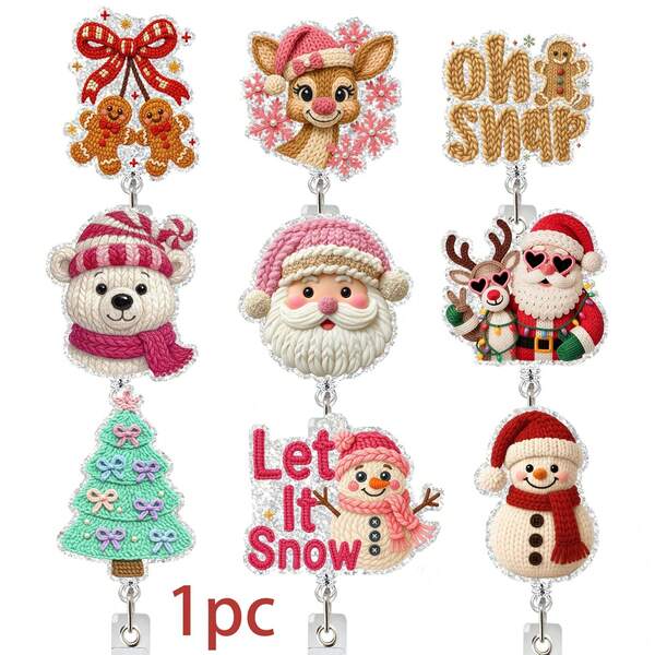 1pc Christmas Retractable Acrylic Badge Reel, Knitted Style ID Card Holder, Anti-Loss Badge Clip For Nurses