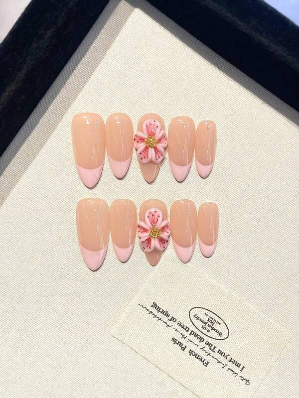 10pcs Pink French Handmade Press-On Nails, Medium-Long Almond Shape, Pink Hand-Painted French Tips, 3D Embossed Design, Minimalist Cute Style, Suitable For Girls' Daily, Wedding, Holiday Nail Decoration
