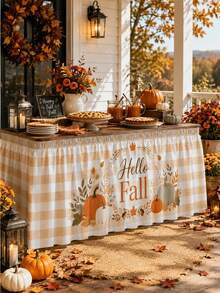 1PC Hello Fall Pumpkin Table Skirt, Cream Beige Farmhouse Polyester Ruffled Rectangular Table Cover With Autumn Wreath Maple Leaves Acorn & Orange Green Pumpkin Print, Seasonal Buffet Table Decor For Thanksgiving, Kitchen & Harvest Party - Multicolor - View 6