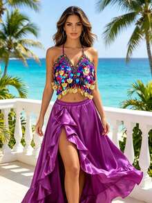 V Neck Multicolor Sequin Gold Decor Halter Dance Crop Top Satin High Waist Ruffled High Slit Flowy Maxi Dance Skirt Stage Performance Dance Outfit - Multicolor - View 1
