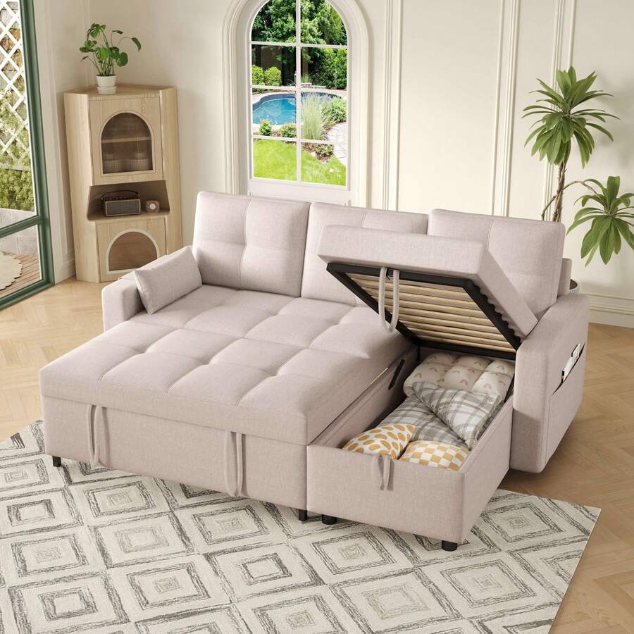 L‑Shaped Convertible Corner Sofa Bed, Reversible Chaise, Pull‑Out Sleeper Sofa With Storage Compartment, Flip‑Down Wooden Tray & Dual Cup Holders, Linen Fabric Sectional Couch For Living Room Bedroom
