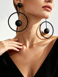 1 Pair Women's Vintage European & American Style Double-Layer Thick Tube Oversized Round Hoop Long Dangle Earrings, Mirror Shiny Warm Gold Ball Studs Connected To Multi-Layer Thick Hollow Large Circle Geometric Long Drop Earrings, Suitable For Banquet, Daily, Beach Vacation, Fashion Wear - Black - View 3