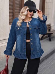 Women's Plus Size Deep Blue Ruffle Trim Denim Jacket, Traceable Cotton Casual - Dark Wash - View 3