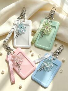 Cute Solid Color ID Card Holder, Crystal Iris Flower Pendant Polka Dot Wrist Strap Card Holder - Student Campus Card/Bus Card Protective Case/Meal Card Anti-Loss Protective Case/Access Card ID Holder, Unisex Portable ID Card Holder Keychain, Phone/Bag Charm, Back To School Essential, Exquisite Gift For Friends And Family, Birthday/Teacher's Day Gift, Travel Essential - Multicolor - View 1