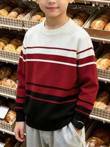 Kids Boys Contrast Striped Knit Pullover Long Sleeve Crew Neck Casual Sweater For Autumn Winter Daily Outfit - White - View 2
