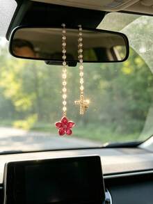 1pc Pearl Chain Alloy Cherry Blossom Car Rearview Mirror Pendant, Rhinestone Cross Car Hanging Ornament, Flower Rhinestone Cross Car Pendant, Universal Car Rearview Mirror Interior Decoration Accessory - Flower Cross - View 10