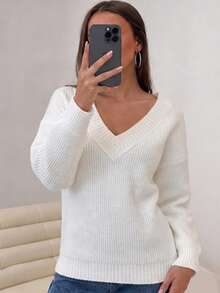 Wixra Women's V-Neck Textured Knit Sweater, Dropped Shoulder Long Sleeve Loose White Pullover - White - View 3