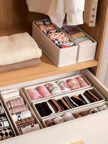 1PC Multi‑Grid Linen Fabric Underwear Storage Box, Divided Compartment Drawer Organizer, Stackable Wardrobe Closet Organizer, Minimalist Rectangular Storage Container For Socks Bras Lingerie, Space‑Saving Bedroom Home Organization - Multicolor - View 6