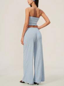 TimeOff Women's One Set Striped Strapless Bandeau Tank Top With Drawstring Waist And Side Pockets Wide Leg Pants 2 Pieces Set - Baby Blue - View 10