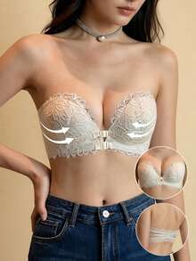 AB Cup Push-Up Lace Bra With Front Closure And Back V-Shape Design, Medium Thick And Anti-Sagging, Lingerie - Apricot - View 1