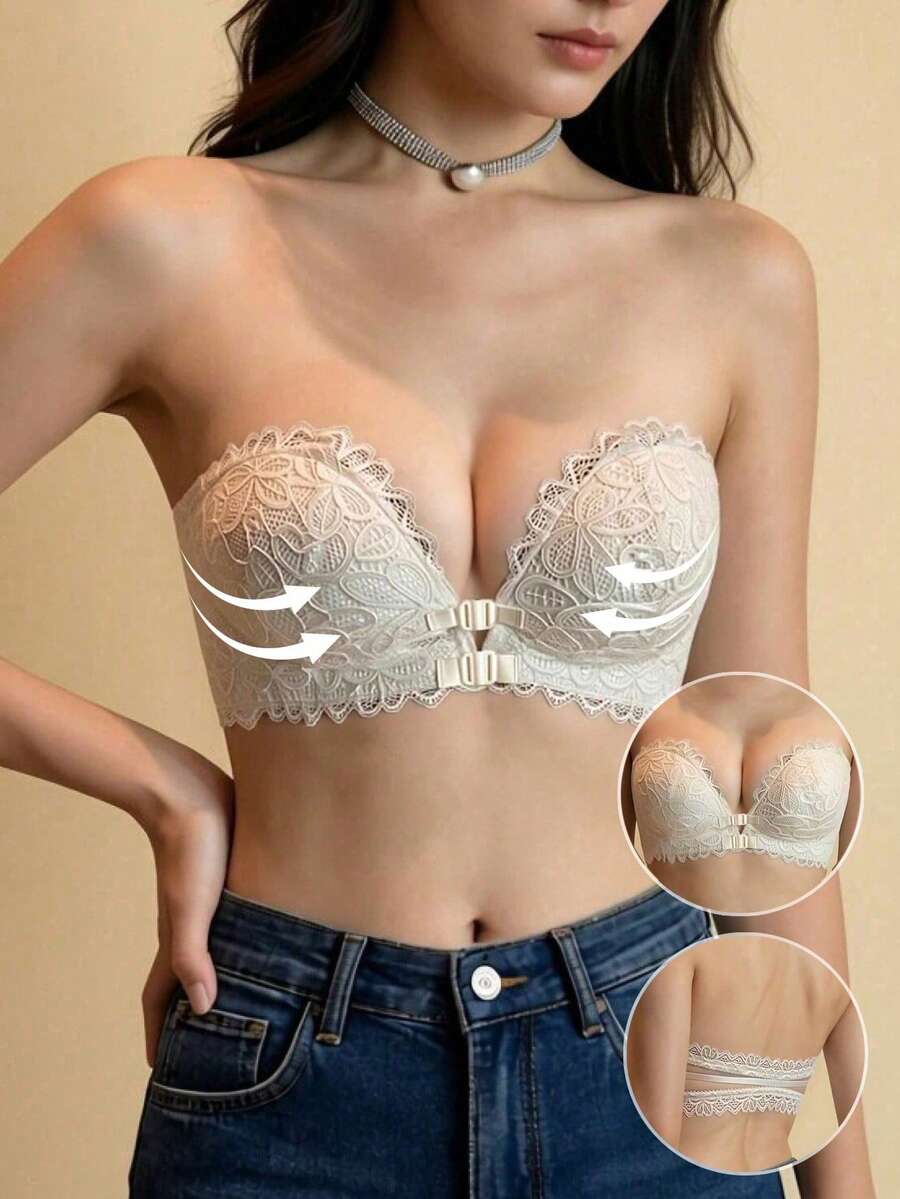 AB Cup Push-Up Lace Bra With Front Closure And Back V-Shape Design, Medium Thick And Anti-Sagging, Lingerie - Apricot - View 1