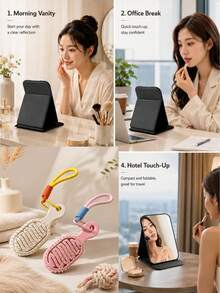1pc New Foldable Portable High-Definition Makeup Mirror PU Leather Desktop Mirror Set, Suitable For Travel And Daily Use (Size: Large/Extra Large/Super Large) - Black - View 7