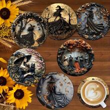 2D Witch Coaster Set 6 Pieces, Artistic And Decorative, With Non-Slip Base, Heat Resistant, Perfect For Coffee Cups, Fashionable Home And Office Decor, Great For Parties And Gifts - - Multicolor - View 2