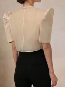 Blusa Filipiniana Moderna con Estampado Retro y Mangas Abullonadas, Primavera/Verano - Champán - Ver 2