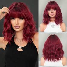 NAMM Short Wave Ombre Orange Bob Wigs For Women Synthetic Curly Wavy Wig With Bangs Dark Root, Heat-Resistant Fiber Costume Wig For Halloween Party Wear, Carnival & Cosplay Use 12 Inch ( Burgundy, Blue ) - Multicolor - View 12
