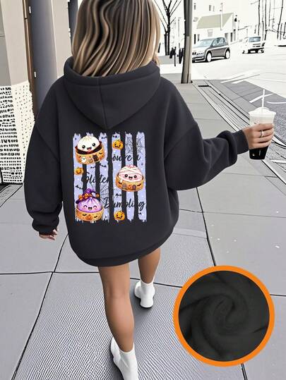 [Halloween] Sweatshirt Bergambar Seru untuk Remaja Perempuan, Sweatshirt Pullover Hangat & Nyaman dengan Lapisan Termal untuk Musim Gugur/Dingin