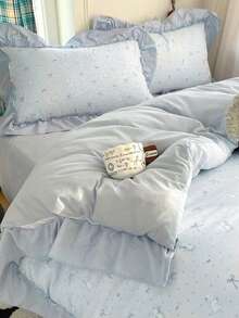 Blue Small Floral Ruffle Trim 4-Piece Bedding Set, French Country Style Bedding Set, Breathable Soft All-Season Bedding Set, Includes 1 Duvet Cover, 1 Bed Sheet, 2 Pillowcases, No Filling, Suitable For Bedroom, Dorm, Home Use, Multiple Size Options, Back To School Dorm Decor, College Decor - Blue - View 6