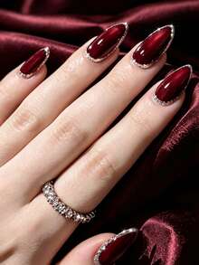 30PCS Handmade Burgundy Cat Eye Rhinestone Edge Press On Almond Nails, Luxury Evening Party Salon Nail Kit With Jelly Tabs - Red - View 1