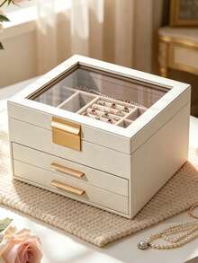 1pc Large Capacity 3-Tier Glass Jewelry Box, Multi-Functional Jewelry Organizer, Mini Jewelry Storage Box, Cosmetic Storage Box, Nail Polish Storage Box - Multicolor - View 5