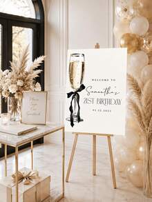 1pc Customizable Champagne-Style Birthday Welcome Sign, Customizable Name And Date, Elegant Black Bow Design, Suitable For 21st/30th/40th Birthday Party Decor, Home Decor, Party Decoration - Multicolor - View 2