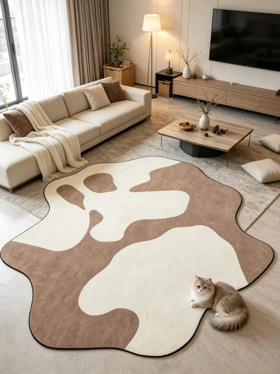 1pc Brown & White Cow Print Asymmetrical Rug, Natural Wood & Cream Style, Doormat, Living Room Carpet, Welcome Mat, Outdoor Doormat, Hallway Runner, Kitchen Rug, Home Decor, Front Door Mat, Area Rug, Home Decor, Garden Carpet, Washable Rug - Multicolor - View 1