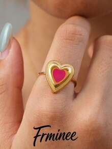 Frminee 1pc 18K Gold Plated Enamel Heart Open Stainless Steel Ring, Red Heart Adjustable Statement Ring, Waterproof Jewelry, Romantic Jewelry For Women - Multicolor - View 1