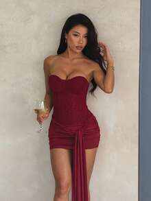女款優雅酒紅色抹胸露背拼接緞帶洋裝，派對晚禮服，適合約會、聚會、派對 - 酒紅色 - 查看 9