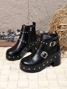 Punk Style Rivet Buckle Thick Sole Ankle Boots For Women, Round Toe Chunky Heel Waterproof Platform Motorcycle Boots With Side Zipper, Cool Design - Black - View 7
