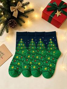 4/1 Pair Christmas Theme Christmas Tree Pattern Mid-Calf Socks Autumn Winter Holiday Atmosphere Comfortable Skin-Friendly Breathable Festive Gift Versatile Women's Socks - Green - View 3