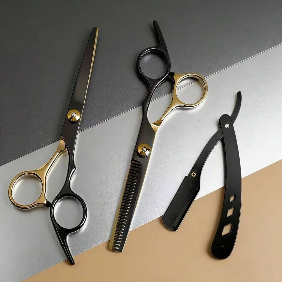 3pcs/Hair Clipper Set - Black & Gold Professional Hairdressing Scissors 3 Pieces Set, Straight Scissors + Thinning Scissors + Razor, Suitable For Home Haircutting And Salon Styling, Beginners Can Easily Create Exquisite Hairstyles, Manual Hair Trimming, Eyebrow Shaping And Face Shaving, Foldable For Home Use - Multicolor - View 1