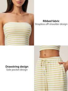 TimeOff Women's One Set Striped Strapless Bandeau Tank Top With Waist Drawstring And Side Pockets Wide Leg Pants 2 Pieces Set - Yellow - View 4