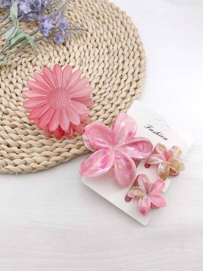 4PCS Floral Print Casual PS(Polystyrene) Hair Claw Clips, Suitable For All Seasons
