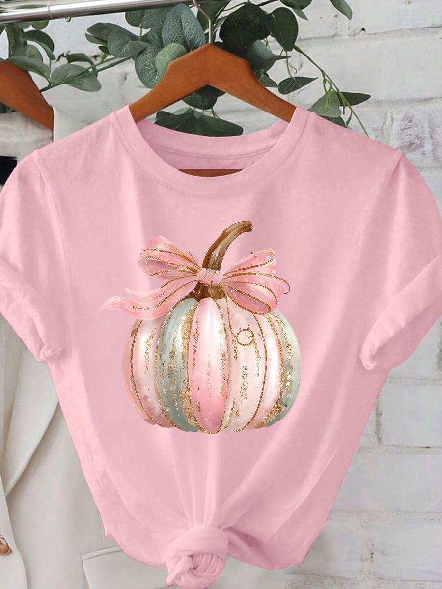 Cartoon Pumpkin Pattern Print, Pink And Blue Glitter Women's Casual Short Sleeve Round Neck T-Shirt - Baby Pink - View 1
