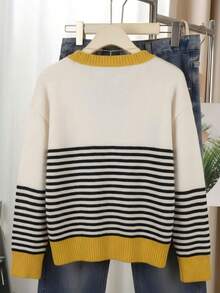 Cardigan Rajut Patchwork Bergaris Blok Warna, Jaket Sweater Lengan Panjang Kancing Tunggal Leher Bulat dengan Trim Kontras - Hitam, putih, dan kuning - View 3