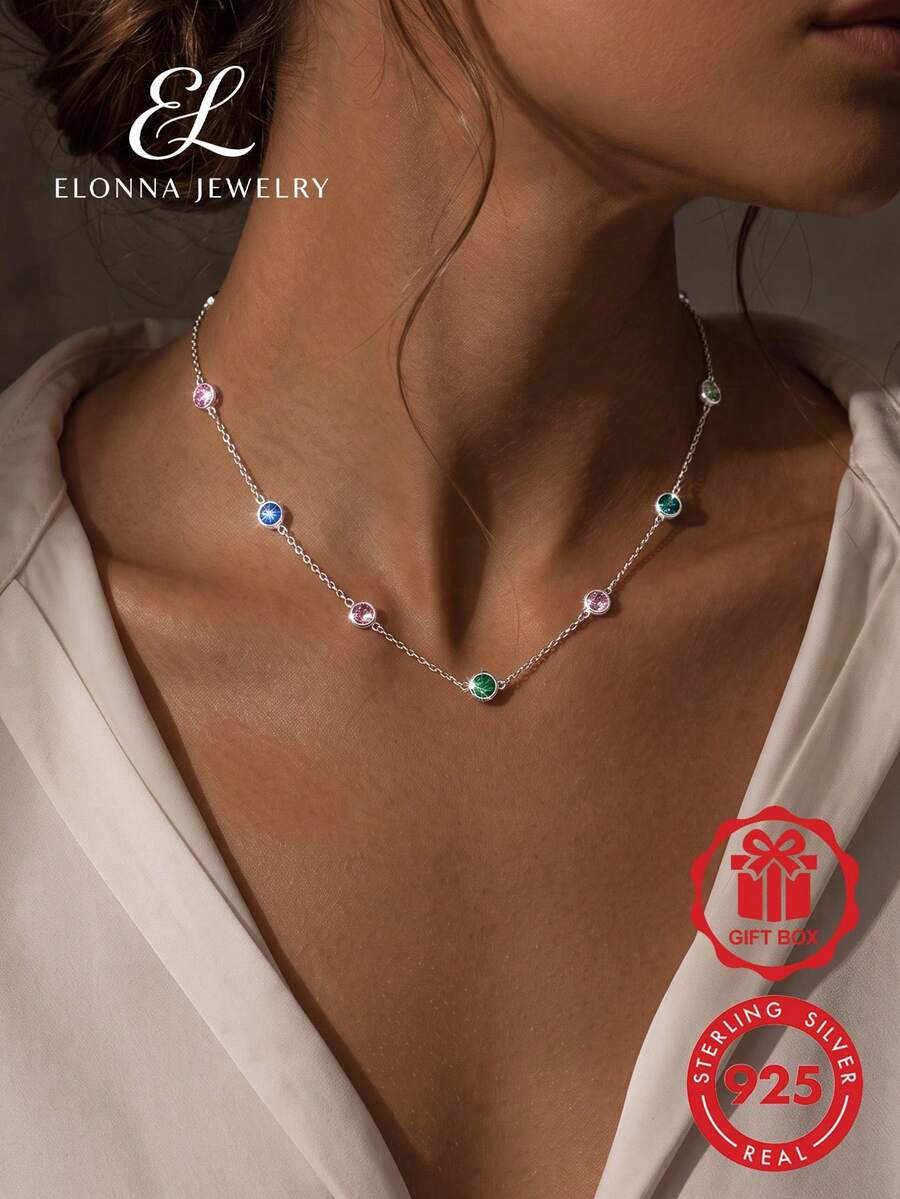 SYMFNY 1pc 925 Sterling Silver Fashion Unique Colorful Round Cubic Zirconia Necklace - Silver - View 1